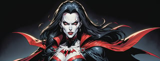 midshot, cel-shading style, centered image, ultra detailed illustration of the comic character ((female Spawn Dracula, by Todd McFarlane)), posing, she has long black hair, black suit with a skull emblem, long flowing cape, ((Half Body)), (tetradic colors), inkpunk, ink lines, strong outlines, art by MSchiffer, bold traces, unframed, high contrast, cel-shaded, vector, 4k resolution, best quality, (chromatic aberration:1.8)