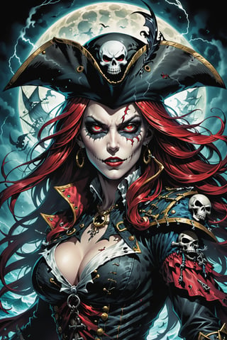 midshot, cel-shading style, centered image, ultra detailed illustration of the comic character ((Female Spawn ,A visually stunning and eerie double exposure artwork, featuring a semi-silhouette of a sinister skull-faced pirate figure. The figure dons a captivating pirate hat adorned with skull and crossbones, with glowing red eyes that exude evil intent. The female pirate's silhouette reveals the intricate detailing of a ghostly pirate ship within, complete with tattered sails fluttering in the wind. The stormy ocean is filled with lightning, and the full moon casts a vibrant glow across the scene, illuminating the ship's rigging and the dark waves. The background is a deep black, allowing the intricate details and vibrant colors to stand out, creating a truly mesmerizing and conceptual dark fantasy masterpiece., portrait photography, photo, illustration, vibrant, conceptual art, dark fantasy by Todd McFarlane)), posing,  ((Full Body)), ((perfect hands)), ((accurate number of fingers)), (tetradic colors), inkpunk, ink lines, strong outlines, art by MSchiffer, bold traces, unframed, high contrast, cel-shaded, vector, 4k resolution, best quality, (chromatic aberration:1.8)