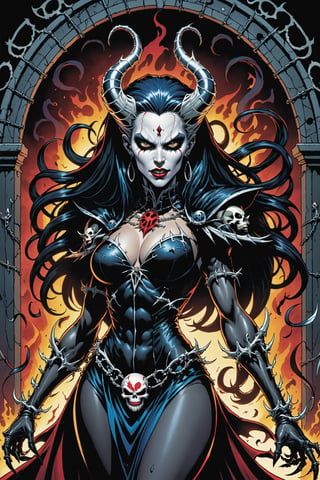 midshot, cel-shading style, centered image, ultra detailed illustration of the comic character ((female Spawn Queen of the Damned by Todd McFarlane)), posing, Black, dress with a skull emblem, ((half Body)), ((the gates of hell in the background)), (tetradic colors), inkpunk, ink lines, strong outlines, art by MSchiffer, bold traces, unframed, high contrast, cel-shaded, vector, 4k resolution, best quality, (chromatic aberration:1.8)