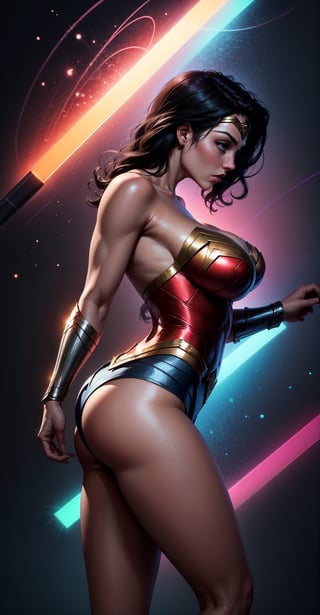Wonder Woman (big tits),(( side view,)),masterpiece, best quality, ((abstract, psychedelic, neon, background)),(creative:1.3), sy3, SMM, fantasy00d
