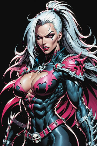 midshot, cel-shading style, centered image, ultra detailed illustration of the comic character ((female Spawn warrior woman, by Todd McFarlane)), posing, extremely muscular overly muscular large breast extremely extremely muscular, black, neon pink, suit with a belt with a skull on it, long white hair in a tall, single ponytail, ((Half Body)), perfect hands, (tetradic colors), inkpunk, ink lines, strong outlines, art by MSchiffer, bold traces, unframed, high contrast, cel-shaded, vector, 4k resolution, best quality, (chromatic aberration:1.8)