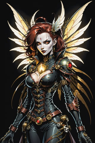 midshot, cel-shading style, centered image, ultra detailed illustration of the comic character ((female Spawn a steampunk faerie, her delicate wings shimmering in the soft glow of candlelight, by Todd McFarlane)), posing, in black and bronze suit with a skull emblem, ((holding a candle in one hand)), ((perfect hands)), ((closed hands)), ((close-up of her face)), (tetradic colors), inkpunk, ink lines, strong outlines, art by MSchiffer, bold traces, unframed, high contrast, cel-shaded, vector, 4k resolution, best quality, (chromatic aberration:1.8)