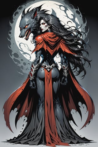 midshot, cel-shading style, centered image, ultra detailed illustration of the comic character ((female Spawn Wolf lady, by Todd McFarlane)), posing, long black long hair, Gray rust, and black suit with a skull emblem, rust flowing cape, ((view from Behind she’s looking over her shoulder)),  ((she has a wolf snout)), ((Full Body)), ((view from behind)),  (tetradic colors), inkpunk, ink lines, strong outlines, art by MSchiffer, bold traces, unframed, high contrast, cel-shaded, vector, 4k resolution, best quality, (chromatic aberration:1.8)