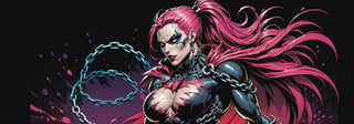 midshot, cel-shading style, centered image, ultra detailed illustration of the comic character ((female Spawn warrior woman, by Todd McFarlane)), posing, extremely muscular overly muscular large breast extremely extremely muscular, black, neon pink, suit with a belt with a skull on it, long pale pink hair in a tall, single ponytail, ((view from Behind she’s looking over her shoulder)),  ((Full Body)), ((view from behind)), ((holding chains in her hand)), splatters of paint in the background glowing neon, perfect hands, (tetradic colors), inkpunk, ink lines, strong outlines, art by MSchiffer, bold traces, unframed, high contrast, cel-shaded, vector, 4k resolution, best quality, (chromatic aberration:1.8)