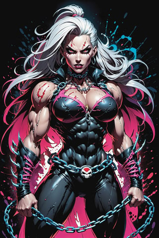 midshot, cel-shading style, centered image, ultra detailed illustration of the comic character ((female Spawn warrior woman, by Todd McFarlane)), posing, extremely muscular overly muscular large breast extremely extremely muscular, black, neon pink, suit with a belt with a skull on it, long White hair in a tall, single ponytail, (((crouching down on the ground action pose))),  ((Full Body)),((holding chains in her hand)), splatters of paint in the background glowing neon, perfect hands, (tetradic colors), inkpunk, ink lines, strong outlines, art by MSchiffer, bold traces, unframed, high contrast, cel-shaded, vector, 4k resolution, best quality, (chromatic aberration:1.8)