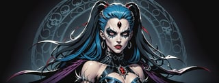 midshot, cel-shading style, centered image, ultra detailed illustration of the comic character ((female Spawn Queen of the Damned by Todd McFarlane)), posing, Black, dress with a skull emblem, ((View from Behind she's looking over her shoulder)), ((Full Body)), ((View from behind)), (tetradic colors), inkpunk, ink lines, strong outlines, art by MSchiffer, bold traces, unframed, high contrast, cel-shaded, vector, 4k resolution, best quality, (chromatic aberration:1.8)