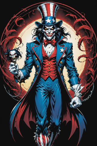 midshot, cel-shading style, centered image, ultra detailed illustration of the comic character ((Spawn Uncle Sam, by Todd McFarlane)), posing, long black long hair, ((she has a tiger tail)), Red white and blue, suit with a skull emblem,  ((Full Body)), (tetradic colors), inkpunk, ink lines, strong outlines, art by MSchiffer, bold traces, unframed, high contrast, cel-shaded, vector, 4k resolution, best quality, (chromatic aberration:1.8)