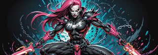 midshot, cel-shading style, centered image, ultra detailed illustration of the comic character ((female Spawn warrior woman, by Todd McFarlane)), posing, extremely muscular overly muscular large breast extremely extremely muscular, black, neon pink, suit with a belt with a skull on it, long pale pink hair in a tall, single ponytail, ((crouching down on the ground action pose)),  ((Full Body)),((holding chains in her hand)), splatters of paint in the background glowing neon, perfect hands, (tetradic colors), inkpunk, ink lines, strong outlines, art by MSchiffer, bold traces, unframed, high contrast, cel-shaded, vector, 4k resolution, best quality, (chromatic aberration:1.8)