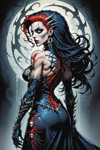 midshot, cel-shading style, centered image, ultra detailed illustration of the comic character ((female Spawn Queen of the Damned by Todd McFarlane)), posing, Black, dress with a skull emblem, ((View from Behind she's looking over her shoulder)), ((Full Body)), ((View from behind)), (tetradic colors), inkpunk, ink lines, strong outlines, art by MSchiffer, bold traces, unframed, high contrast, cel-shaded, vector, 4k resolution, best quality, (chromatic aberration:1.8)