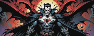 midshot, cel-shading style, centered image, ultra detailed illustration of the comic character ((male Spawn Dracula, by Todd McFarlane)), posing,  he has black  hair, black suit with a skull emblem, long flowing cape, ((Half Body)), (tetradic colors), inkpunk, ink lines, strong outlines, art by MSchiffer, bold traces, unframed, high contrast, cel-shaded, vector, 4k resolution, best quality, (chromatic aberration:1.8)