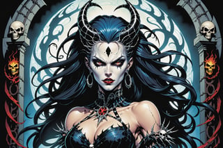 midshot, cel-shading style, centered image, ultra detailed illustration of the comic character ((female Spawn Queen of the Damned by Todd McFarlane)), posing, Black, dress with a skull emblem, ((half Body)), ((the gates of hell in the background)), (tetradic colors), inkpunk, ink lines, strong outlines, art by MSchiffer, bold traces, unframed, high contrast, cel-shaded, vector, 4k resolution, best quality, (chromatic aberration:1.8)