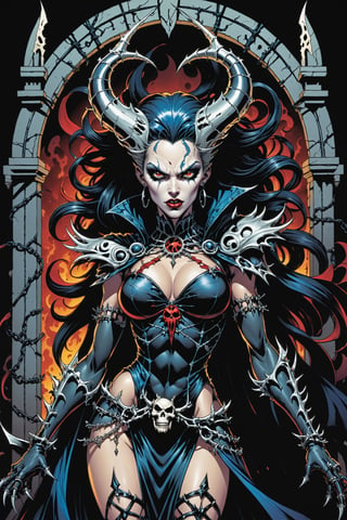 midshot, cel-shading style, centered image, ultra detailed illustration of the comic character ((female Spawn Queen of the Damned by Todd McFarlane)), posing, Black, dress with a skull emblem, ((half Body)), ((the gates of hell in the background)), (tetradic colors), inkpunk, ink lines, strong outlines, art by MSchiffer, bold traces, unframed, high contrast, cel-shaded, vector, 4k resolution, best quality, (chromatic aberration:1.8)