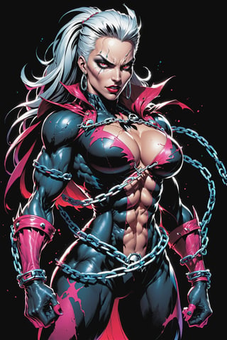 midshot, cel-shading style, centered image, ultra detailed illustration of the comic character ((female Spawn warrior woman, by Todd McFarlane)), posing, extremely muscular overly muscular large breast extremely extremely muscular, black, neon pink, suit with a belt with a skull on it, long White hair in a tall, single ponytail, (((crouching down on the ground action pose))),  ((Full Body)),((holding chains in her hand)), splatters of paint in the background glowing neon, perfect hands, (tetradic colors), inkpunk, ink lines, strong outlines, art by Frank Cho, bold traces, unframed, high contrast, cel-shaded, vector, 4k resolution, best quality, (chromatic aberration:1.8)