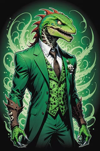 midshot, cel-shading style, centered image, ultra detailed illustration of the comic character ((lizard Spawn by Todd McFarlane)), posing, green, light green, brown, and black suit with a skull emblem, ((Full Body)) ,ornate background, (tetradic colors), inkpunk, ink lines, strong outlines, art by MSchiffer, bold traces, unframed, high contrast, cel-shaded, vector, 4k resolution, best quality, (chromatic aberration:1.8)