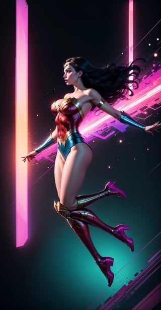 Wonder Woman (big tits),(( side view,)),((full body)),((floating in air)),masterpiece, best quality, ((abstract, psychedelic, neon, background)),(creative:1.3), sy3, SMM, fantasy00d