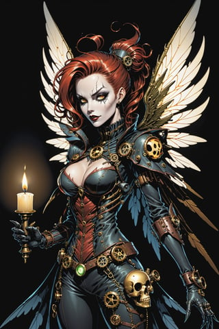 midshot, cel-shading style, centered image, ultra detailed illustration of the comic character ((female Spawn a steampunk faerie, her delicate wings shimmering in the soft glow of candlelight, by Todd McFarlane)), posing, in black and bronze suit with a skull emblem, ((holding a candle in one hand)), ((perfect hands)), ((closed hands)), ((close-up of her face)), (tetradic colors), inkpunk, ink lines, strong outlines, art by MSchiffer, bold traces, unframed, high contrast, cel-shaded, vector, 4k resolution, best quality, (chromatic aberration:1.8)