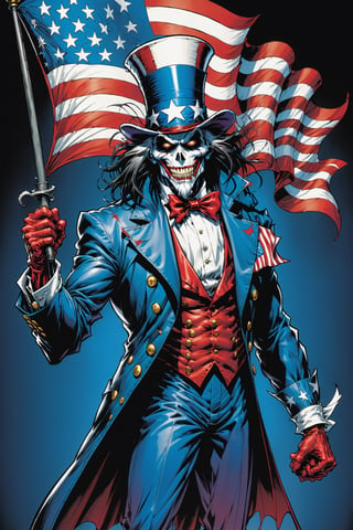 midshot, cel-shading style, centered image, ultra detailed illustration of the comic character ((Spawn Uncle Sam, by Todd McFarlane)), posing, long black long hair, Red white and blue, suit with a skull emblem,  ((Full Body)), he is waving a flag Flag, (tetradic colors), inkpunk, ink lines, strong outlines, art by MSchiffer, bold traces, unframed, high contrast, cel-shaded, vector, 4k resolution, best quality, (chromatic aberration:1.8)