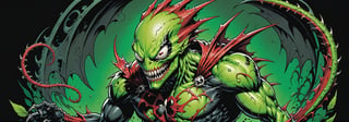 midshot, cel-shading style, centered image, ultra detailed illustration of the comic character ((Spawn lizard, by Todd McFarlane)), posing, green, light green, brown, and black body suit with a skull emblem, ((Full Body)) ,ornate background, (tetradic colors), inkpunk, ink lines, strong outlines, art by MSchiffer, bold traces, unframed, high contrast, cel-shaded, vector, 4k resolution, best quality, (chromatic aberration:1.8)