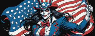 midshot, cel-shading style, centered image, ultra detailed illustration of the comic character ((female Spawn Uncle Sam, by Todd McFarlane)), posing, long black long hair, Red white and blue, suit with a skull emblem, waving the flag, ((Full Body)), (tetradic colors), inkpunk, ink lines, strong outlines, art by MSchiffer, bold traces, unframed, high contrast, cel-shaded, vector, 4k resolution, best quality, (chromatic aberration:1.8)