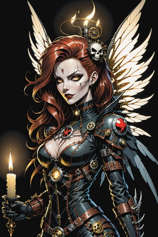 midshot, cel-shading style, centered image, ultra detailed illustration of the comic character ((female Spawn a steampunk faerie, her delicate wings shimmering in the soft glow of candlelight, by Todd McFarlane)), posing, in black and bronze suit with a skull emblem, ((holding a candle in one hand)), ((perfect hands)), ((closed hands)), ((close-up of her face)), (tetradic colors), inkpunk, ink lines, strong outlines, art by MSchiffer, bold traces, unframed, high contrast, cel-shaded, vector, 4k resolution, best quality, (chromatic aberration:1.8)