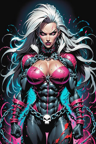 midshot, cel-shading style, centered image, ultra detailed illustration of the comic character ((female Spawn warrior woman, by Todd McFarlane)), posing, extremely muscular overly muscular large breast extremely extremely muscular, black, neon pink, suit with a belt with a skull on it, long White hair in a tall, single ponytail, (((crouching down on the ground action pose))),  ((Full Body)),((holding chains in her hand)), splatters of paint in the background glowing neon, perfect hands, (tetradic colors), inkpunk, ink lines, strong outlines, art by Frank Cho, bold traces, unframed, high contrast, cel-shaded, vector, 4k resolution, best quality, (chromatic aberration:1.8)