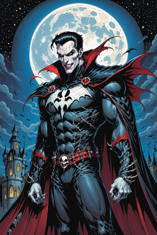 midshot, cel-shading style, centered image, ultra detailed illustration of the comic character ((male Spawn Dracula, by Todd McFarlane)), posing,  he has black  hair, black suit with a skull emblem, long flowing cape, ((Half Body)), his castle in the background with the moon overhead at night,  (tetradic colors), inkpunk, ink lines, strong outlines, art by MSchiffer, bold traces, unframed, high contrast, cel-shaded, vector, 4k resolution, best quality, (chromatic aberration:1.8)