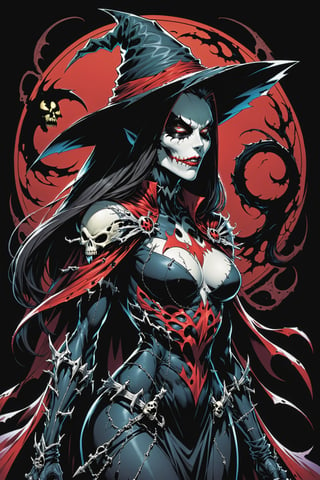 midshot, cel-shading style, centered image, ultra detailed illustration of the comic character ((female Spawn Which by Todd McFarlane)), posing, Black, dress with a skull emblem, ((wearing a large rimmed Single pointed hat)), ((View from Behind she's looking over her shoulder)), ((Full Body)), ((View from behind)), (tetradic colors), inkpunk, ink lines, strong outlines, art by MSchiffer, bold traces, unframed, high contrast, cel-shaded, vector, 4k resolution, best quality, (chromatic aberration:1.8)