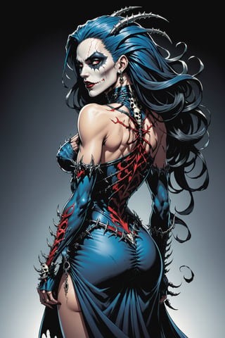 midshot, cel-shading style, centered image, ultra detailed illustration of the comic character ((female Spawn Queen of the Damned by Todd McFarlane)), posing, Black, dress with a skull emblem, ((View from Behind she's looking over her shoulder)), ((Full Body)), ((View from behind)), (tetradic colors), inkpunk, ink lines, strong outlines, art by MSchiffer, bold traces, unframed, high contrast, cel-shaded, vector, 4k resolution, best quality, (chromatic aberration:1.8)