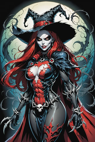 midshot, cel-shading style, centered image, ultra detailed illustration of the comic character ((female Spawn Which by Todd McFarlane)), posing, Black, dress with a skull emblem, ((wearing a large rim pointed hat)),   ((Full Body)), (tetradic colors), inkpunk, ink lines, strong outlines, art by MSchiffer, bold traces, unframed, high contrast, cel-shaded, vector, 4k resolution, best quality, (chromatic aberration:1.8)