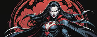 midshot, cel-shading style, centered image, ultra detailed illustration of the comic character ((female Spawn Dracula, by Todd McFarlane)), posing, she has long black hair, black suit with a skull emblem, long flowing cape, ((Half Body)), (tetradic colors), inkpunk, ink lines, strong outlines, art by MSchiffer, bold traces, unframed, high contrast, cel-shaded, vector, 4k resolution, best quality, (chromatic aberration:1.8)