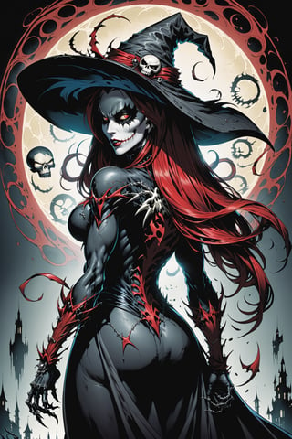 midshot, cel-shading style, centered image, ultra detailed illustration of the comic character ((female Spawn Which by Todd McFarlane)), posing, Black, dress with a skull emblem, ((wearing a large rimmed Single pointed hat)), ((View from Behind she's looking over her shoulder)), ((Full Body)), ((View from behind)), (tetradic colors), inkpunk, ink lines, strong outlines, art by MSchiffer, bold traces, unframed, high contrast, cel-shaded, vector, 4k resolution, best quality, (chromatic aberration:1.8)