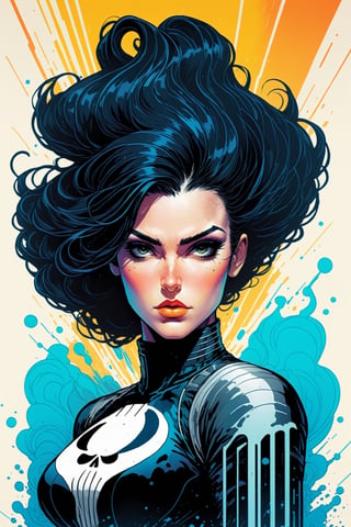 midshot, cel-shading style, centered image, ultra detailed illustration of the comic character, a female Punisher, posing, flowing Maine of black hair, ((Full Body)), (tetradic colors), inkpunk, ink lines, strong outlines, art by MSchiffer, bold traces, unframed, high contrast, cel-shaded, vector, 4k resolution, best quality, (chromatic aberration:1.8)