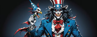 midshot, cel-shading style, centered image, ultra detailed illustration of the comic character ((Spawn Uncle Sam, by Todd McFarlane)), posing, long black long hair, ((she has a tiger tail)), Red white and blue, suit with a skull emblem,  ((Full Body)), (tetradic colors), inkpunk, ink lines, strong outlines, art by MSchiffer, bold traces, unframed, high contrast, cel-shaded, vector, 4k resolution, best quality, (chromatic aberration:1.8)