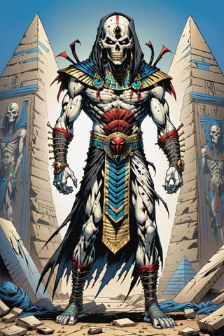 midshot, cel-shading style, centered image, ultra detailed illustration of the comic character ((male Spawn Egyptian mummy, by Todd McFarlane)), posing, wrapped in tattered bandages all over the body, ((Full Body)), inside pyramid, (tetradic colors), inkpunk, ink lines, strong outlines, art by MSchiffer, bold traces, unframed, high contrast, cel-shaded, vector, 4k resolution, best quality, (chromatic aberration:1.8)