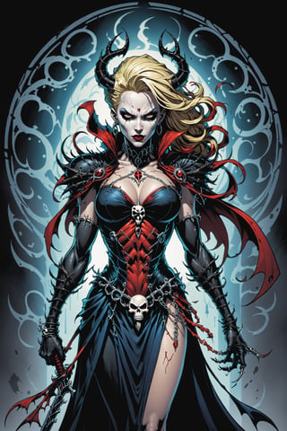 midshot, cel-shading style, centered image, ultra detailed illustration of the comic character ((female Spawn Queen of the Damned by Todd McFarlane)), posing, Black, dress with a skull emblem, ((View from Behind she's looking over her shoulder)), ((Full Body)), ((View from behind)), (tetradic colors), inkpunk, ink lines, strong outlines, art by MSchiffer, bold traces, unframed, high contrast, cel-shaded, vector, 4k resolution, best quality, (chromatic aberration:1.8)