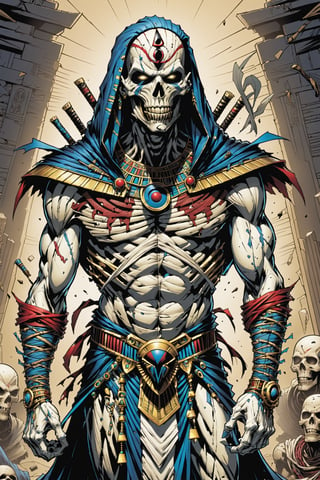 midshot, cel-shading style, centered image, ultra detailed illustration of the comic character ((male Spawn Egyptian mummy, by Todd McFarlane)), posing, wrapped in tattered bandages all over the body, ((Full Body)), inside pyramid, (tetradic colors), inkpunk, ink lines, strong outlines, art by MSchiffer, bold traces, unframed, high contrast, cel-shaded, vector, 4k resolution, best quality, (chromatic aberration:1.8)