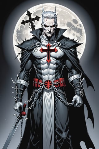 midshot, cel-shading style, centered image, ultra detailed illustration of the comic character ((male Spawn Warrior Catholic priest, by Todd McFarlane)), posing, white  hair,  ((cross around his neck)), charcoal and black white suit with cross emblem, gun belts draped over his shoulders, (((holding chains with razor, sharp crucifixes at the ends))), ((Full Body)), ((perfect hands)), the moon in the background, (tetradic colors), inkpunk, ink lines, strong outlines, art by MSchiffer, bold traces, unframed, high contrast, cel-shaded, vector, 4k resolution, best quality, (chromatic aberration:1.8)