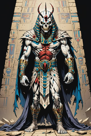 midshot, cel-shading style, centered image, ultra detailed illustration of the comic character ((male Spawn Egyptian mummy, by Todd McFarlane)), posing, wrapped in tattered bandages all over the body, ((Full Body)), inside pyramid, (tetradic colors), inkpunk, ink lines, strong outlines, art by MSchiffer, bold traces, unframed, high contrast, cel-shaded, vector, 4k resolution, best quality, (chromatic aberration:1.8)