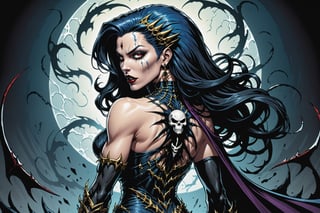 midshot, cel-shading style, centered image, ultra detailed illustration of the comic character ((female Spawn Queen of the Damned by Todd McFarlane)), posing, Black, dress with a skull emblem, ((View from Behind she's looking over her shoulder)), ((Full Body)), ((View from behind)), (tetradic colors), inkpunk, ink lines, strong outlines, art by MSchiffer, bold traces, unframed, high contrast, cel-shaded, vector, 4k resolution, best quality, (chromatic aberration:1.8)