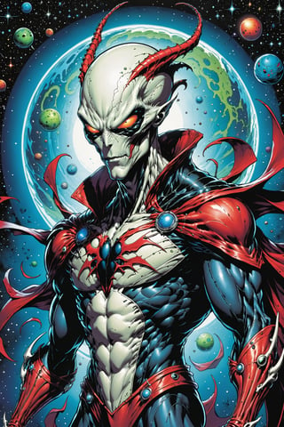 midshot, cel-shading style, centered image, ultra detailed illustration of the comic character ((male Spawn Space Alien, by Todd McFarlane)), posing, ((Half Body)), planets in the background, (tetradic colors), inkpunk, ink lines, strong outlines, art by MSchiffer, bold traces, unframed, high contrast, cel-shaded, vector, 4k resolution, best quality, (chromatic aberration:1.8)