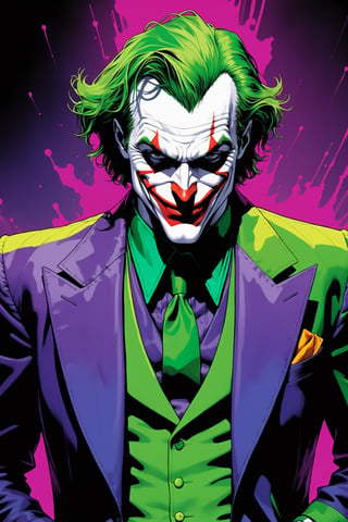 midshot, cel-shading style, centered image, ultra detailed illustration of The Joker, posing, ((Full Body)), (tetradic colors), ((inkpunk)), ((ink lines)), strong outlines, art by MSchiffer, bold traces, unframed, high contrast, cel-shaded, 4k resolution, best quality, (chromatic aberration:1.8)