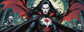 midshot, cel-shading style, centered image, ultra detailed illustration of the comic character ((female Spawn Dracula, by Todd McFarlane)), posing, she has long black hair, black suit with a skull emblem, long flowing cape, ((Half Body)), (tetradic colors), inkpunk, ink lines, strong outlines, art by MSchiffer, bold traces, unframed, high contrast, cel-shaded, vector, 4k resolution, best quality, (chromatic aberration:1.8)