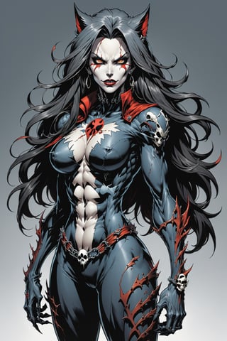 midshot, cel-shading style, centered image, ultra detailed illustration of the comic character ((female Spawn Wolf lady, by Todd McFarlane)), posing, long black long hair, Gray rust, and black suit with a skull emblem, ((view from Behind she’s looking over her shoulder)), ((Full Body)), ((perfect hands)), (tetradic colors), inkpunk, ink lines, strong outlines, art by MSchiffer, bold traces, unframed, high contrast, cel-shaded, vector, 4k resolution, best quality, (chromatic aberration:1.8)