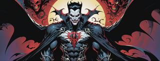 midshot, cel-shading style, centered image, ultra detailed illustration of the comic character ((male Spawn Dracula, by Todd McFarlane)), posing,  he has black  hair, black suit with a skull emblem, long flowing cape, ((Half Body)), (tetradic colors), inkpunk, ink lines, strong outlines, art by MSchiffer, bold traces, unframed, high contrast, cel-shaded, vector, 4k resolution, best quality, (chromatic aberration:1.8)