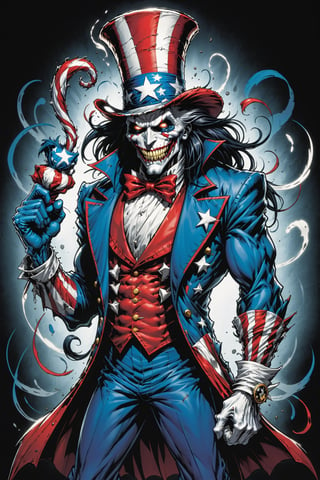 midshot, cel-shading style, centered image, ultra detailed illustration of the comic character ((Spawn Uncle Sam, by Todd McFarlane)), posing, long black long hair, ((she has a tiger tail)), Red white and blue, suit with a skull emblem,  ((Full Body)), (tetradic colors), inkpunk, ink lines, strong outlines, art by MSchiffer, bold traces, unframed, high contrast, cel-shaded, vector, 4k resolution, best quality, (chromatic aberration:1.8)