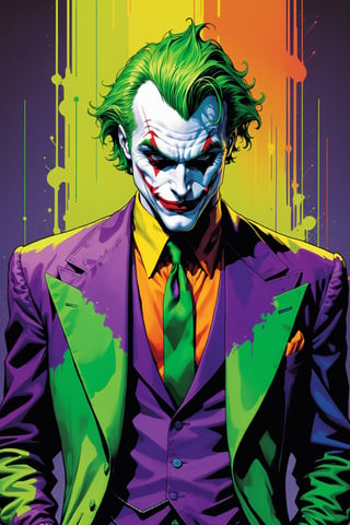 midshot, cel-shading style, centered image, ultra detailed illustration of The Joker, posing, ((Full Body)), (tetradic colors), ((inkpunk)), ((ink lines)), strong outlines, art by MSchiffer, bold traces, unframed, high contrast, cel-shaded, 4k resolution, best quality, (chromatic aberration:1.8)