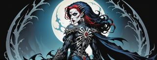 midshot, cel-shading style, centered image, ultra detailed illustration of the comic character ((female Spawn Queen of the Damned by Todd McFarlane)), posing, Black, dress with a skull emblem, ((View from Behind she's looking over her shoulder)), ((Full Body)), ((View from behind)), (tetradic colors), inkpunk, ink lines, strong outlines, art by MSchiffer, bold traces, unframed, high contrast, cel-shaded, vector, 4k resolution, best quality, (chromatic aberration:1.8)