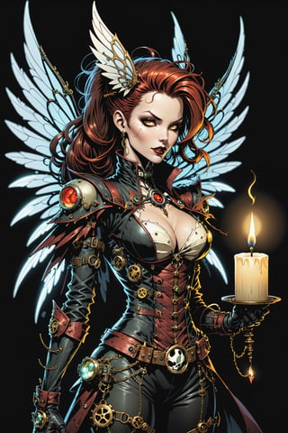 midshot, cel-shading style, centered image, ultra detailed illustration of the comic character ((female Spawn a steampunk faerie, her delicate wings shimmering in the soft glow of candlelight, by Todd McFarlane)), posing, in black and bronze suit with a skull emblem, ((holding a candle in one hand)), ((perfect hands)), (((The other hand is closed))), ((Half Body)), (tetradic colors), inkpunk, ink lines, strong outlines, art by MSchiffer, bold traces, unframed, high contrast, cel-shaded, vector, 4k resolution, best quality, (chromatic aberration:1.8)