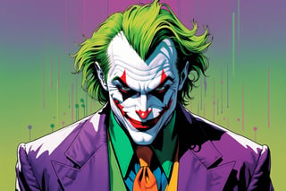 midshot, cel-shading style, centered image, ultra detailed illustration of The Joker, posing, ((Full Body)), (tetradic colors), ((inkpunk)), ((ink lines)), strong outlines, art by MSchiffer, bold traces, unframed, high contrast, cel-shaded, 4k resolution, best quality, (chromatic aberration:1.8)