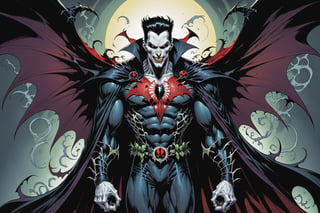 midshot, cel-shading style, centered image, ultra detailed illustration of the comic character ((male Spawn Dracula, by Todd McFarlane)), posing,  he has black  hair, black suit with a skull emblem, long flowing cape, ((Half Body)), (tetradic colors), inkpunk, ink lines, strong outlines, art by MSchiffer, bold traces, unframed, high contrast, cel-shaded, vector, 4k resolution, best quality, (chromatic aberration:1.8)